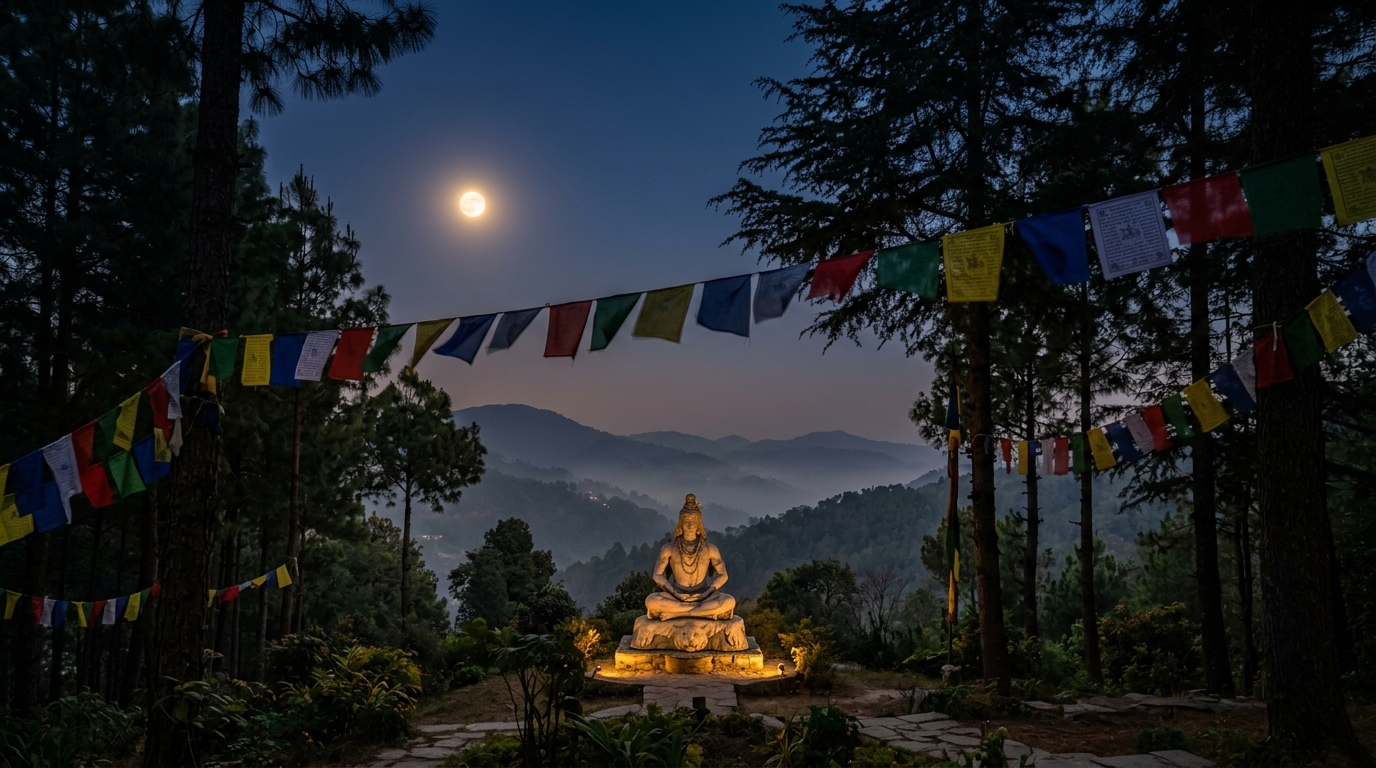 Prayer flags and pine trees under a full moon, with a Shiva statue on the hillside near Siliguri